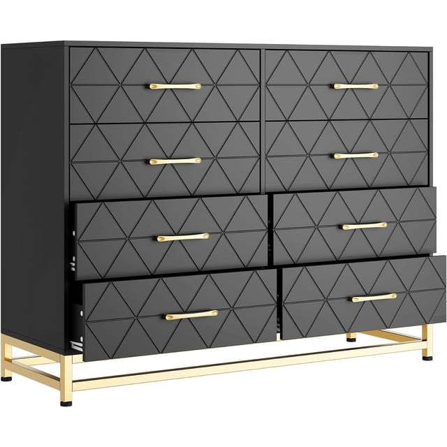 Commode Moderne à 8 Tiroirs avec Poignées Dorées, Noire, Rangement Élégant