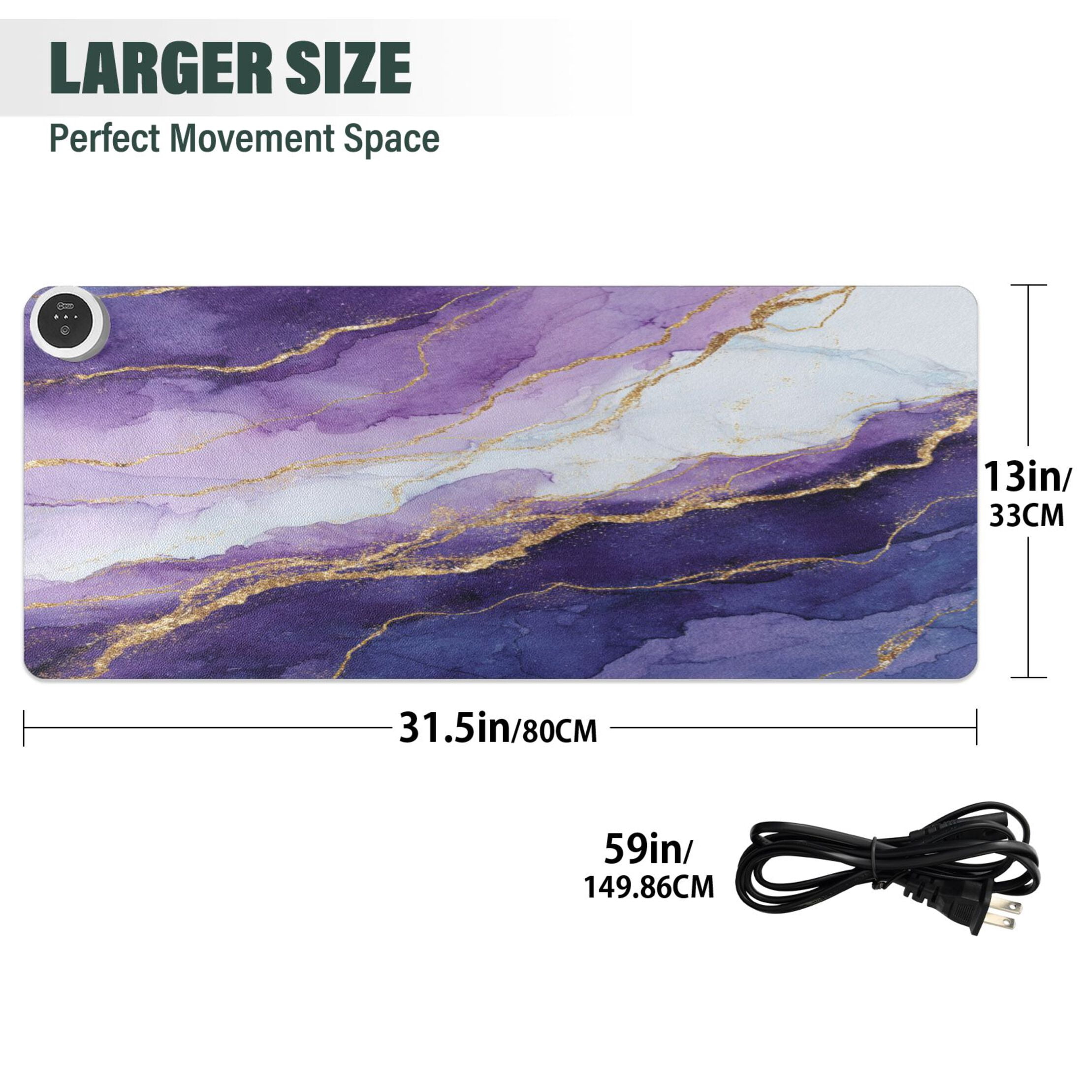 Large Heated Desk Mat Mouse Pad 31.5"x13"PU Leather Graphene Heating Desk Warmer with 3 Temperature Settings 110V US Plug Non-Slip Warm Pad for Home, Office, and Gaming Abstract Dark Purple Marble
