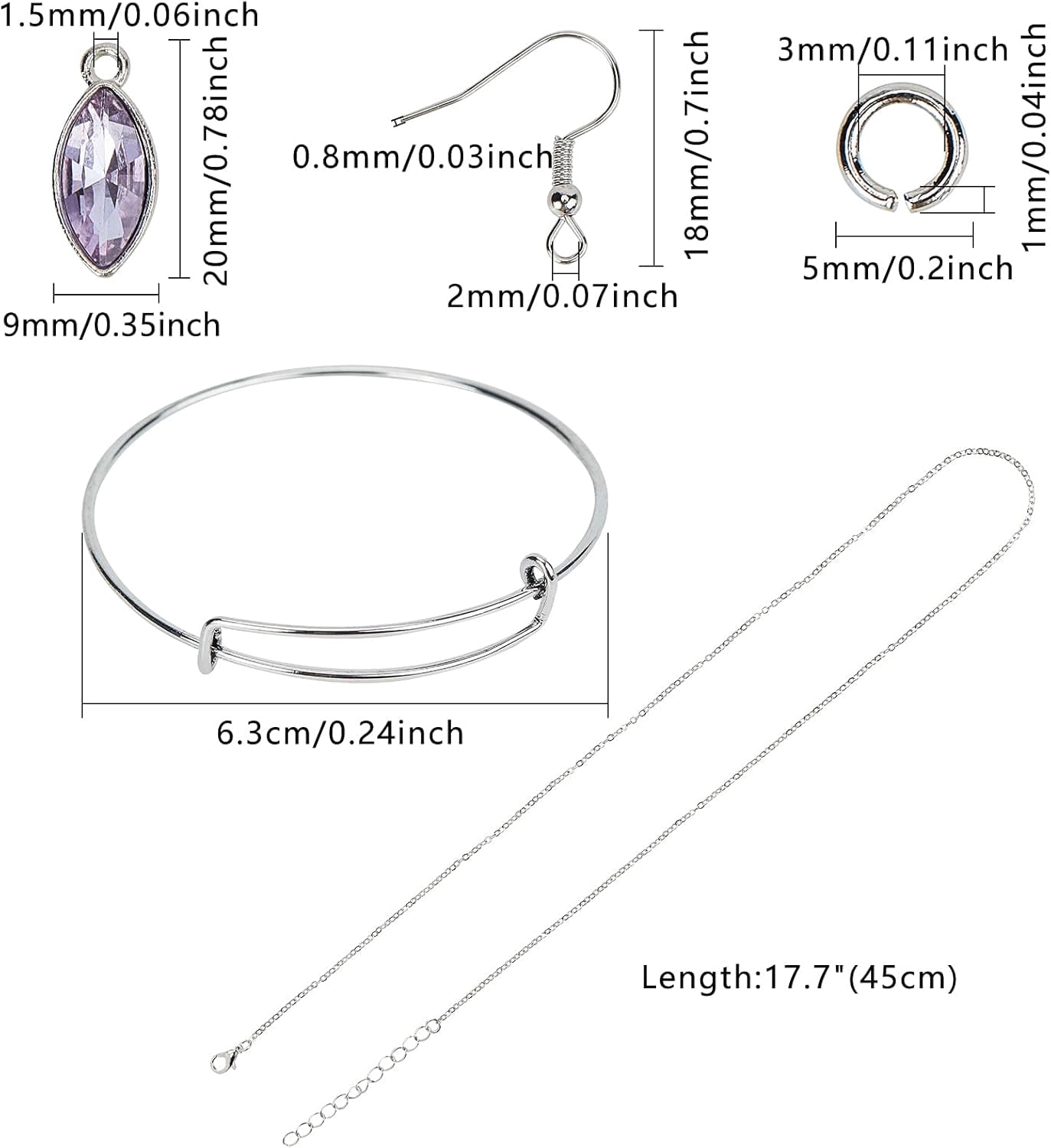 About 64pcs Alloy Glass Horse Eyes Charms with 10pcs Iron Expandable Bangles 5pcs Cable Chain Necklaces 70pcs Earring Hooks 70pcs Jump Rings for DIY Jewelry Making