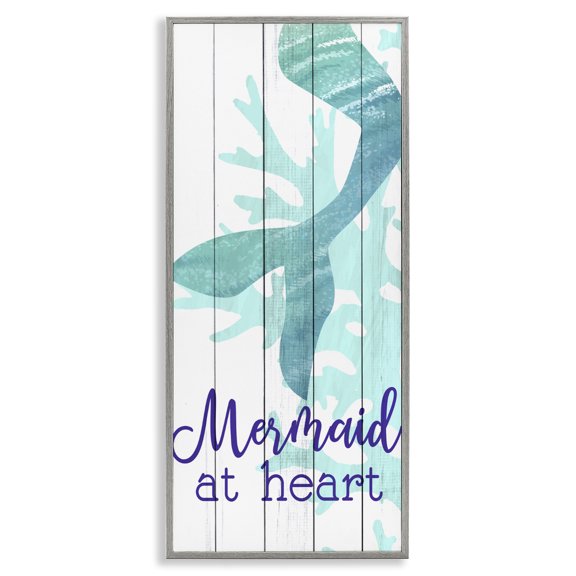 Stupell Industries Coastal Mermaid At Heart Saying Calligraphy Turquoise Tail Gray Framed Giclee Art, 13 x 30, by Kim Allen