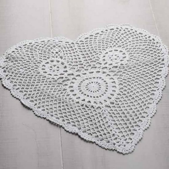 14" White Heart Cotton Hand Crocheted Lace Doilies, Set of 4