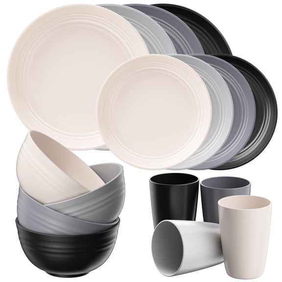 Quatish 16 Pcs Plates and Bowls Sets, Plastic Dinnerware Sets for 4 ,Grey | Unbreakable,Reusable,Dish Set for Camping,Dishwasher Microwave Safe,Outdoor Kitchen and Apartment Dinning RV Essentials