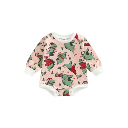 

Amuver Baby Boy Christmas Romper Long Sleeve Crew Neck Dinosaur Print Fall Bodysuit for Casual Daily