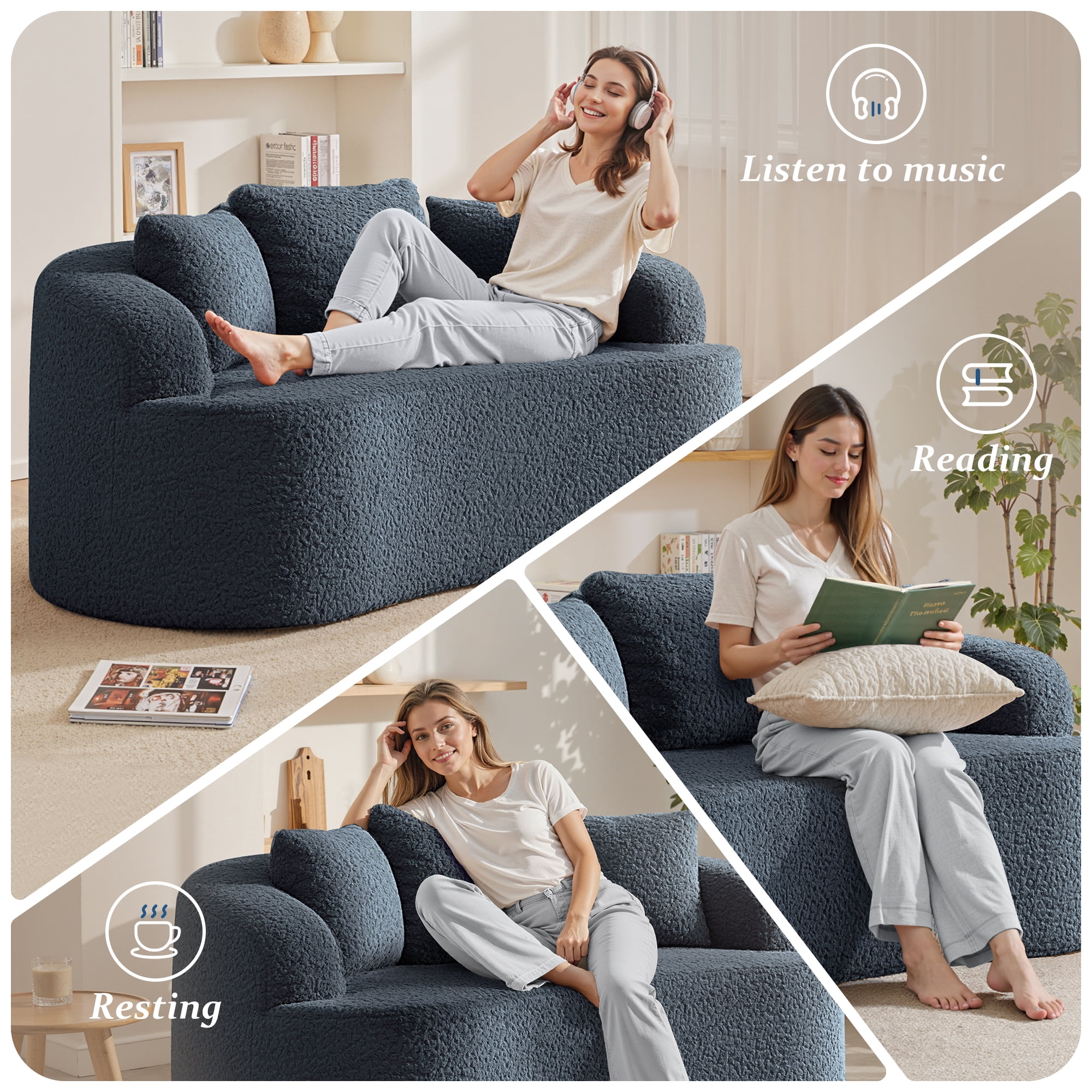 COOLHUT 65" 3 Seater Sofa Couch, Plush Floor Sofa Couch with Cozy Cushions & 3 Pillows, Curved Back Teddy Fabric Sofa for Living Room, Small Space, Navy Blue (Sofa-in-a-Box)