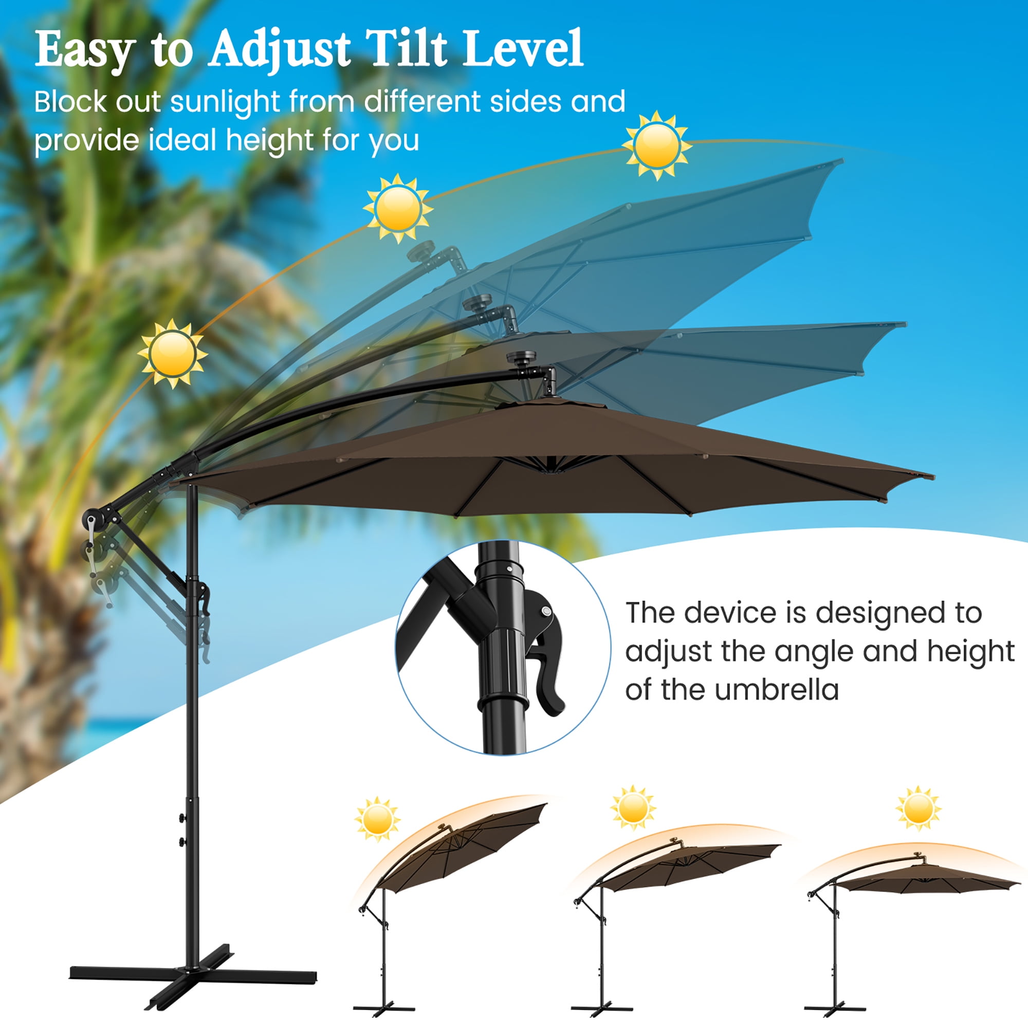 Gymax 10 FT Offset Patio Umbrella Solar Powered Cantilever Umbrella w/ 112 LED Lights Coffee