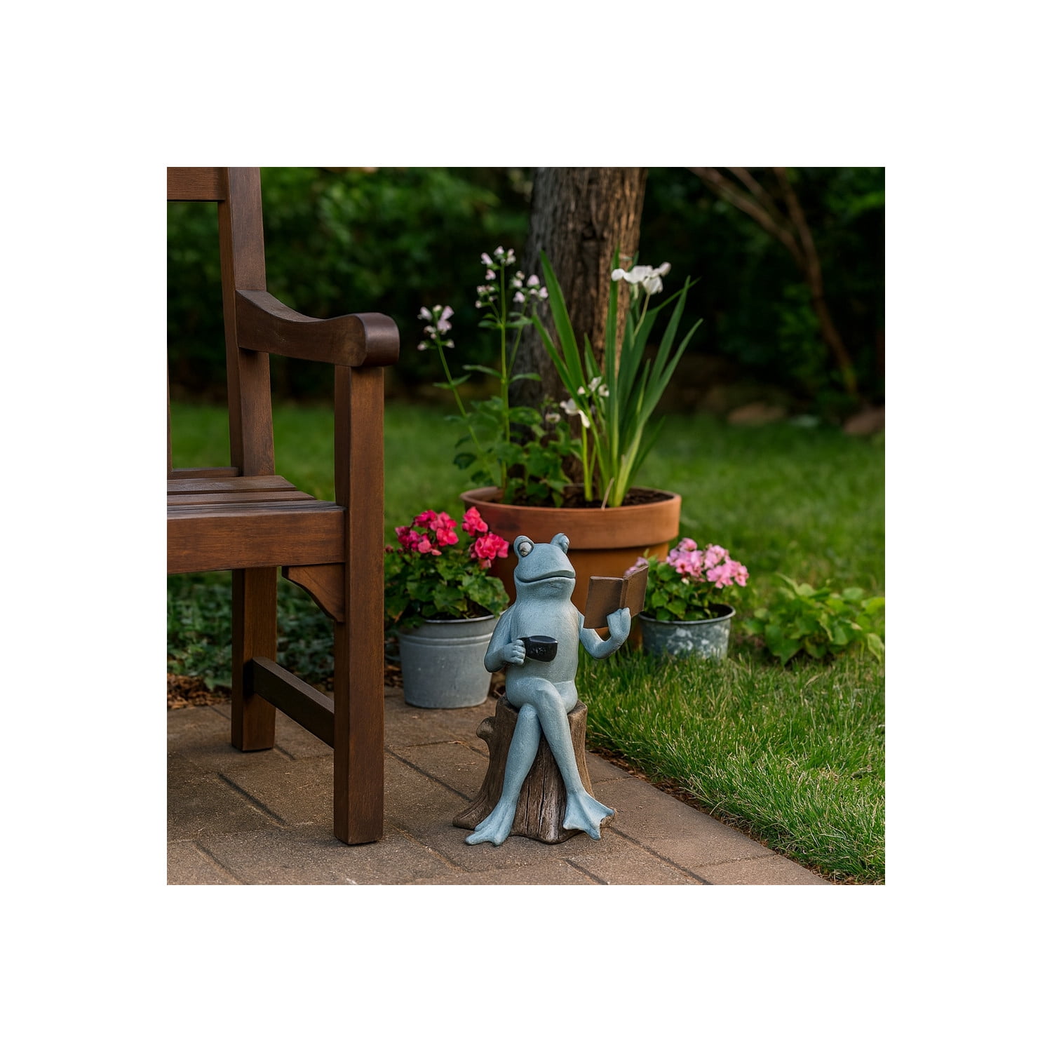 Decorative Resin Frog On Stump Statue for Garden Decor - Front Porch Accent for Landscape, Patio, or Outdoor Lounge Sitting Decor - Yard Sculpture for Walkways or Backyard - 13", Gray & Bronze
