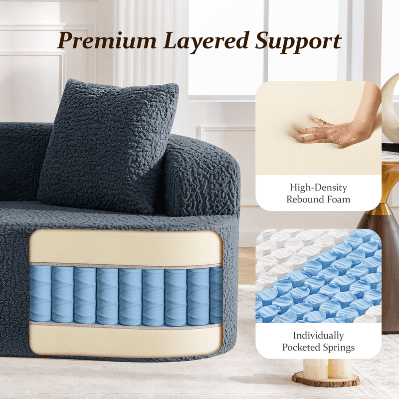 ATHOPE 86" Curved Cloud Couch, Boneless Sofa for Small Space, Plush Teddy Fabric Modern Couch with 3 Throw Pillows, Comfy Floor Love Seat for Living Room, Bedroom, Blue