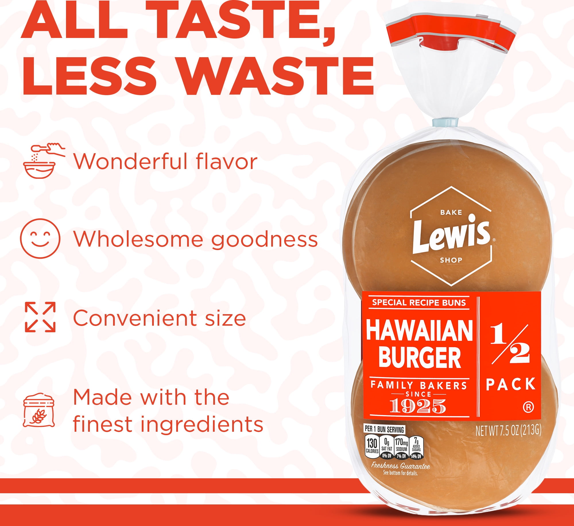 Lewis Bake Shop Hawaiian Half Pack Burger Buns, 7.5 oz, 4 Count
