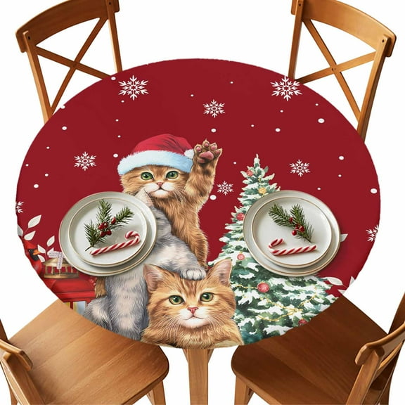 Round Tablecloth Red Christmas Cats Elastic Edge Fitted Winter Floral Xmas Trees Plastic Table Cover,Waterproof Oil Proof for Dinner,Outdoor, Picnic, 36" - 44"  DIA Tables