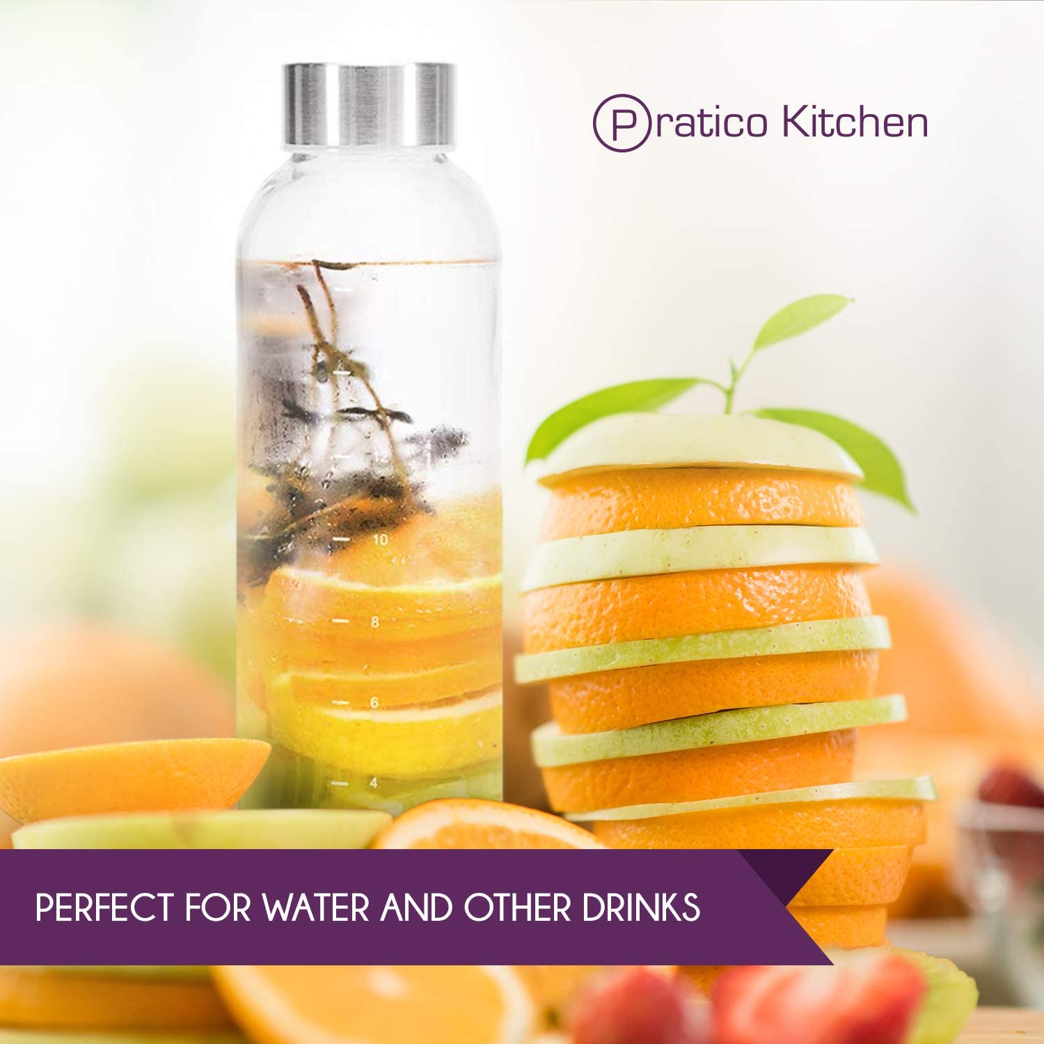 pratico Kitchen 20 oz. Leak-Proof Glass Bottles, Juice Containers and Smoothie Bottles, Stainless Steel Caps, 4 Pack