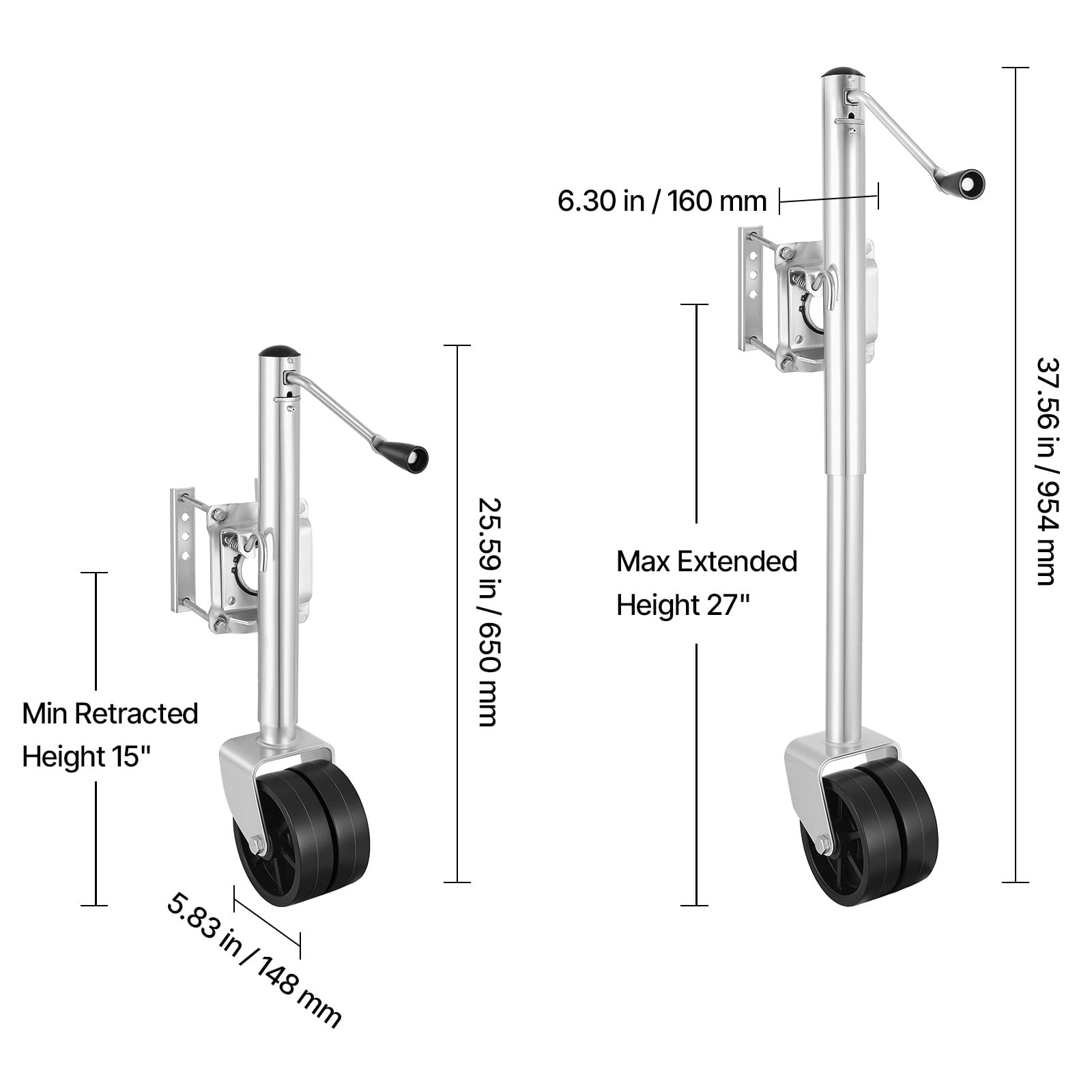 VEVOR Trailer Jack with Wheel, 2000 lbs Load Capacity, Heavy Duty Swivel Boat Trailer Jack with PP Dual Wheel & Ergonomic Handle, 15-27 Inch Lift Range, Fit for RVs, Boats and Utility Trailers