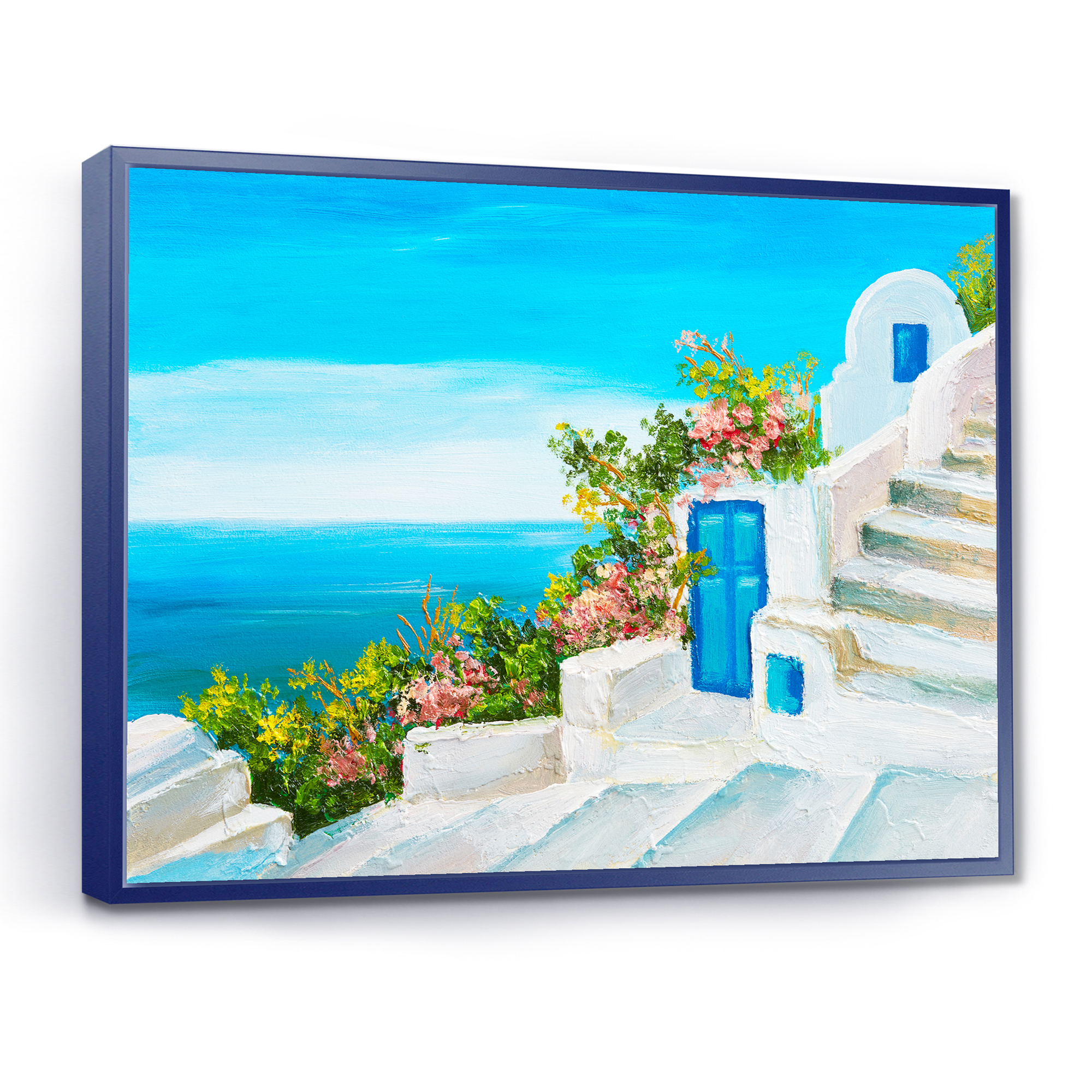 House With Colorful Flowers Near The Sea IV 40 in x 30 in Framed Painting Canvas Art Print, by Designart