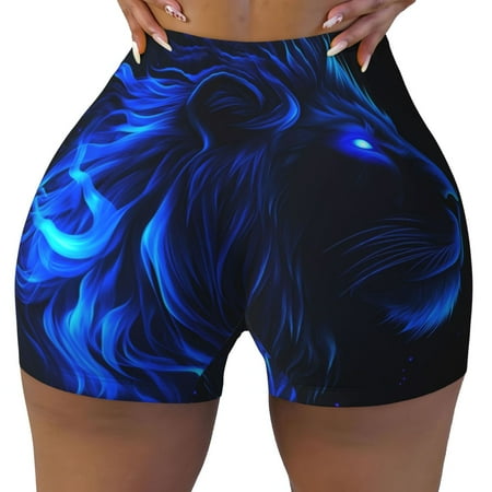 Workout Shorts Women  Blue Fire Lion Biker Shorts for Women Running Gym Spandex Shorts Tummy Control