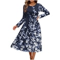thumbnail image 6 of qafoshin Casual Dresses for Women Printed A-lined Midi Dress Crew Neck Long Sleeve Dress with Pocket, 6 of 7
