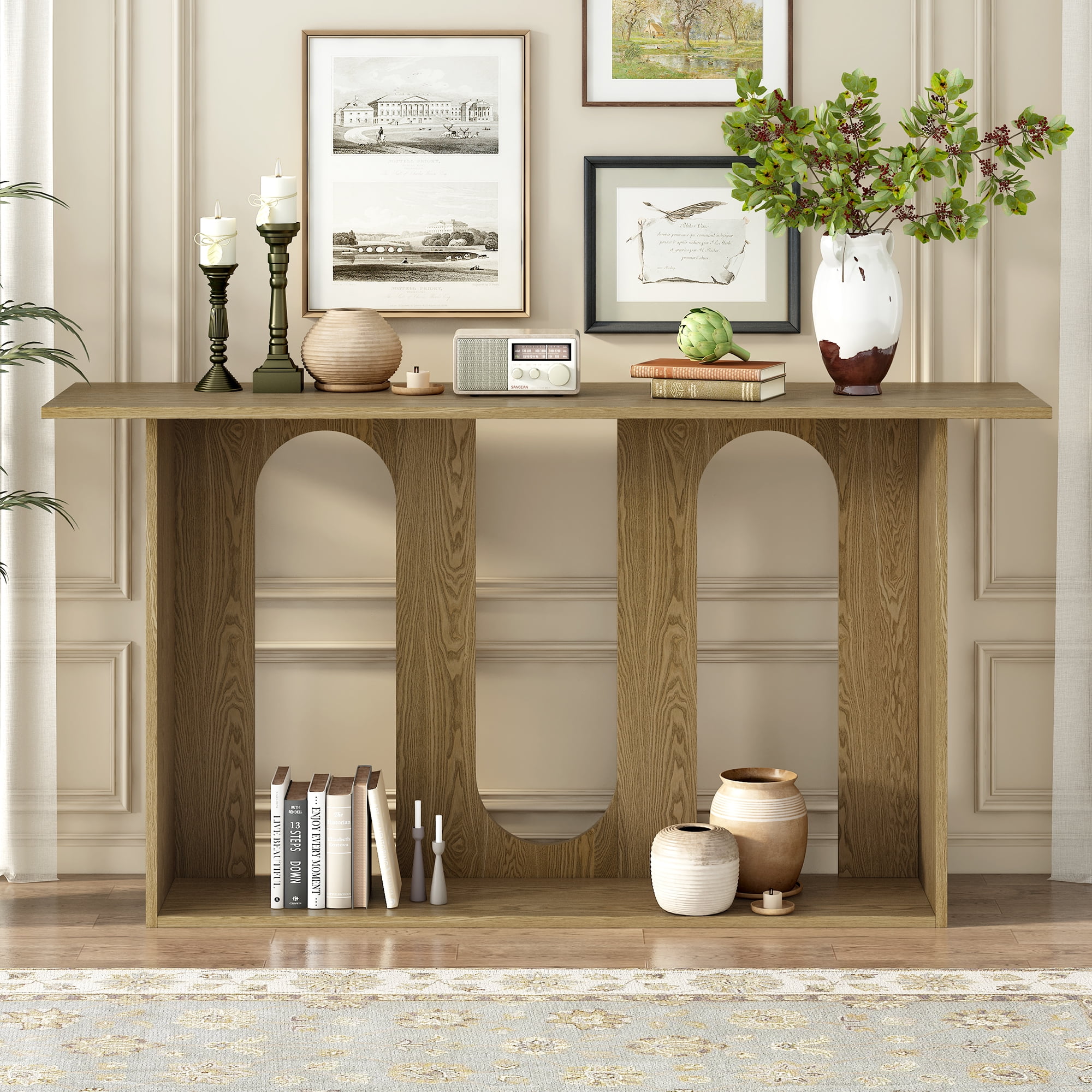 Harper & Bright Designs Wood Curved Console Table with Shelf , Modern Entryway Table with Ash Veneer Designed for Entryway and Hallway , Natural
