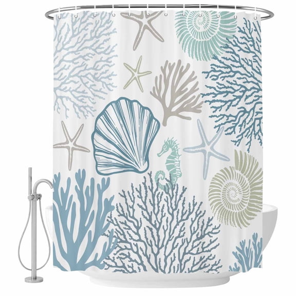 Xipuska Light Blue Coastal Shower Curtain - Water Repellent Fabric Shower Curtains Washable, Summer Beach Coral Shell Starfish Decorative Polyester Cloth Bathroom Curtains Modern Bath Decor 36"x72"