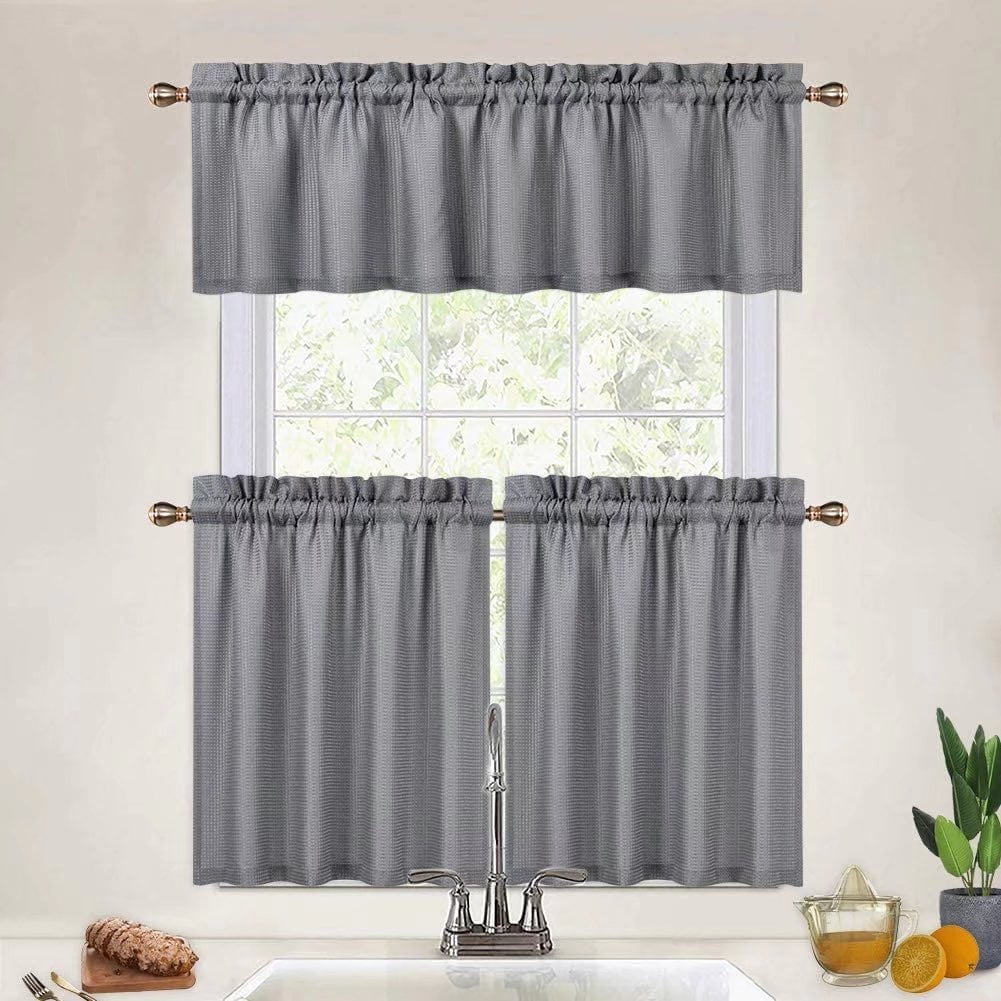 Haperlare Gray Kitchen Curtain Set 3 Pcs 24 inch long Waffle Woven Texutred Blackout Tier Curtains and Valance Set for Bathroom Cafe