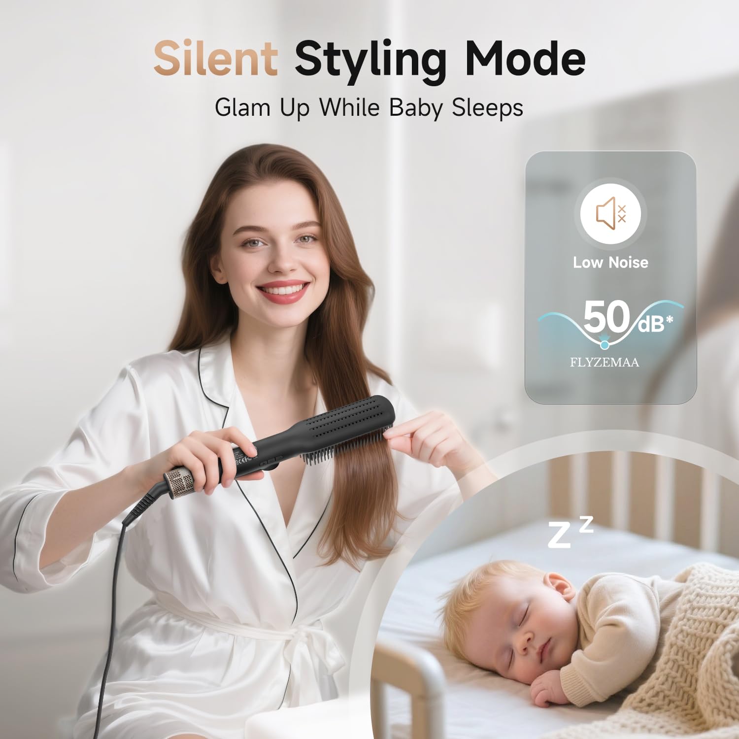 FLYZEMAA Hair Straightener Brush 2 in 1 Straightening Brush for Women with 7 Temps, Dense Bristles Anti-Scald Hot Comb for Thick Curly Hair Negative Ions, Dual Voltage, LCD Display(Black)