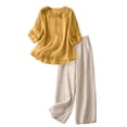 thumbnail image 2 of Lumtrix Linen 2 Piece Set for Women Summer 3/4 Sleeve Embroidered Tops Wide Leg Pant with Pockets Sets Lounge Vacation Outfits Yellow 2XL, 2 of 4