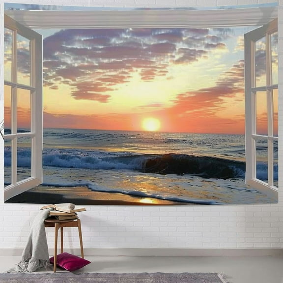 BCIIG 3D Ocean Tapestry Wall Hanging Sun Sunset Sea Beach Landscape Tapestry Window Tapestries for Bedroom Living Room Home Decor