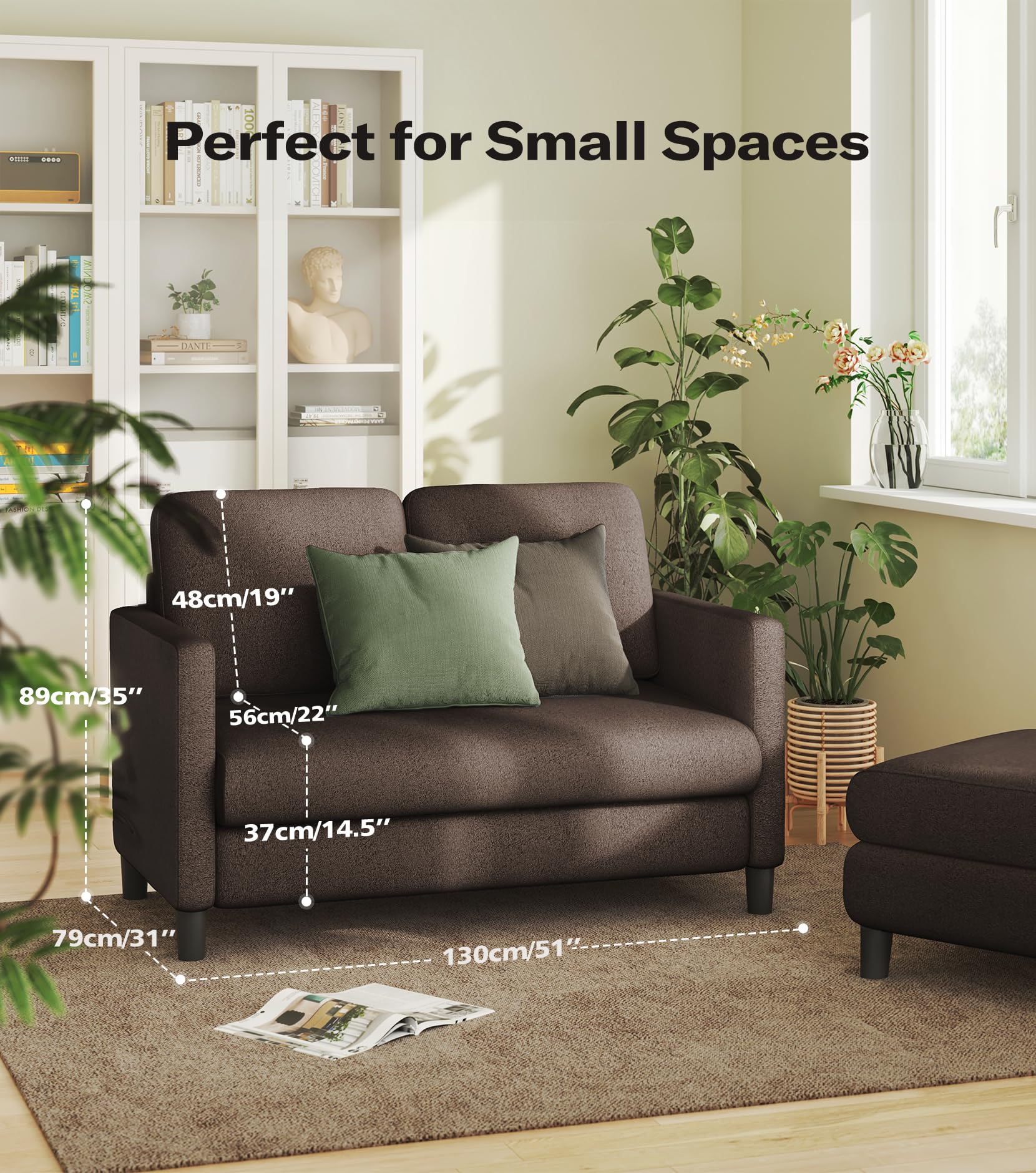 Welzona 51" Teddy Fabric Loveseat Sofa, Small 2-Seater Couch for Small Spaces, Tool-Free Assembly, Coffee