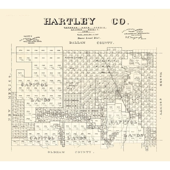 Historic County Map - Hartley County Texas - McGaughey 1882 - Vintage Wall Art