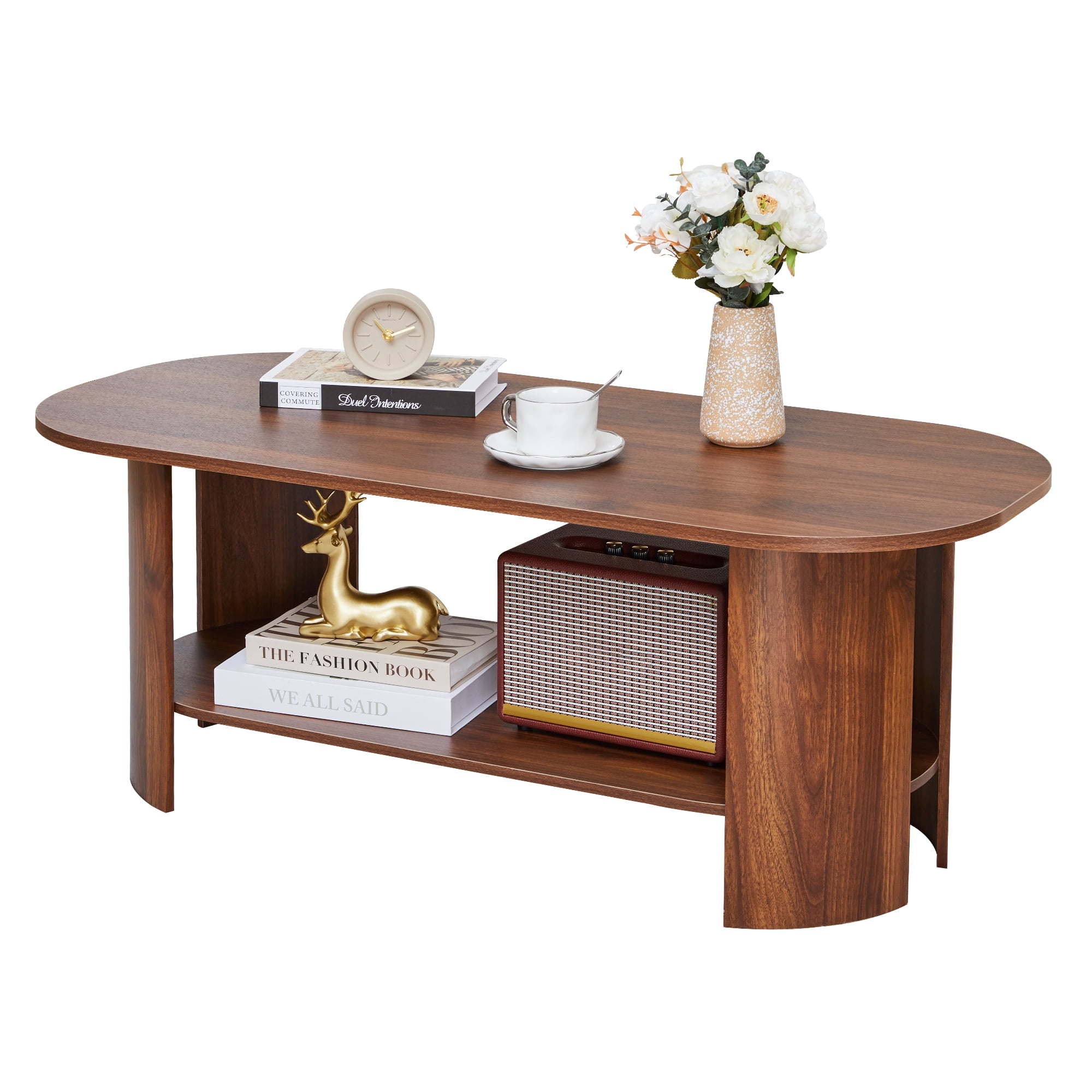 Wirrytor Oval Coffee Table with Storage Shelf, 2-Tier Modern Farmhouse Wood Center Table for Living Room, Rustic Brown