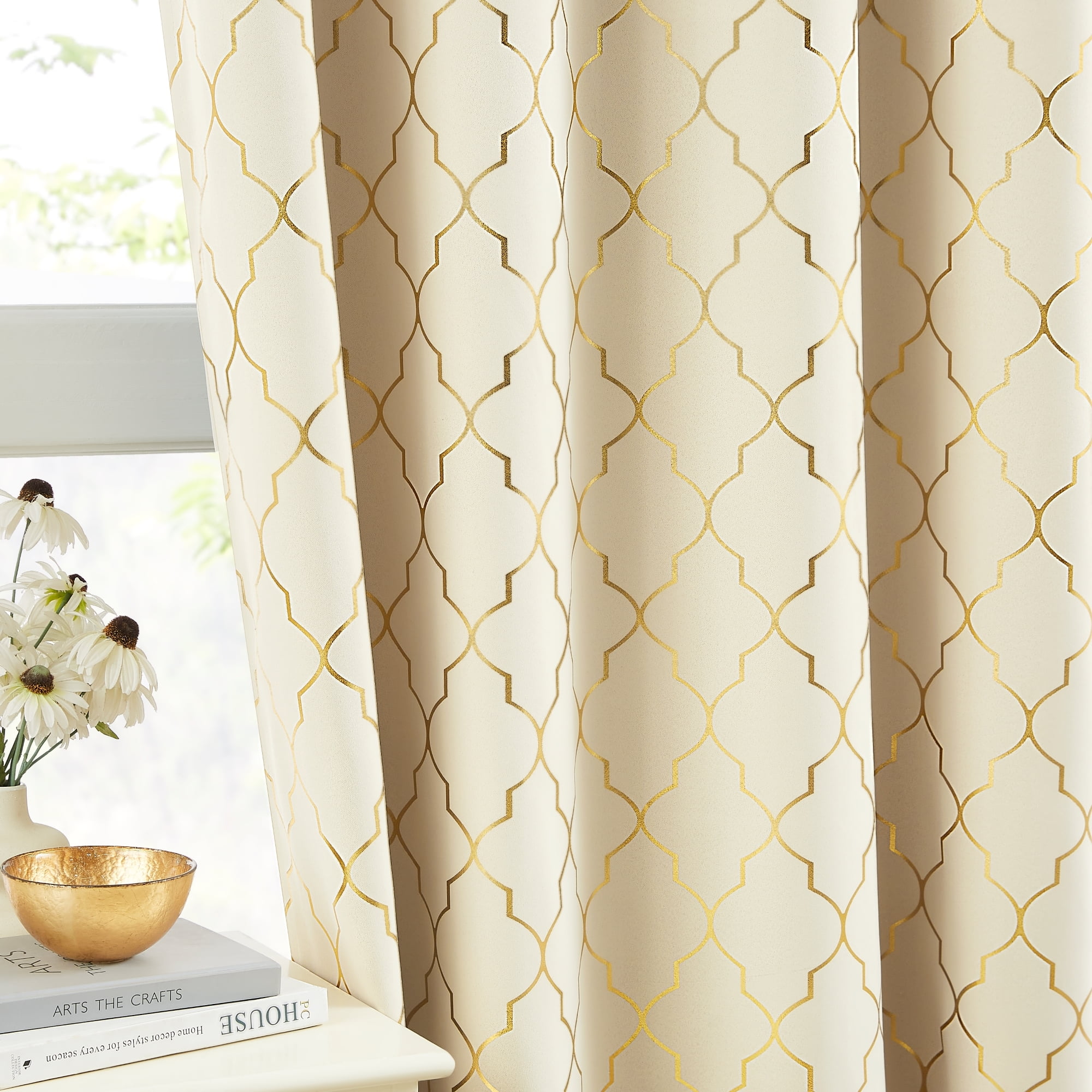 Bohogeo Moroccan Full Blackout Curtain Panels for Bedroom,Thermal Insulating Room Darkening Beige Drapes with Gold Geometric Metallic Print,Grommet Window Treatment,52" Wx63 L(Pack of 2),Beige/Gold