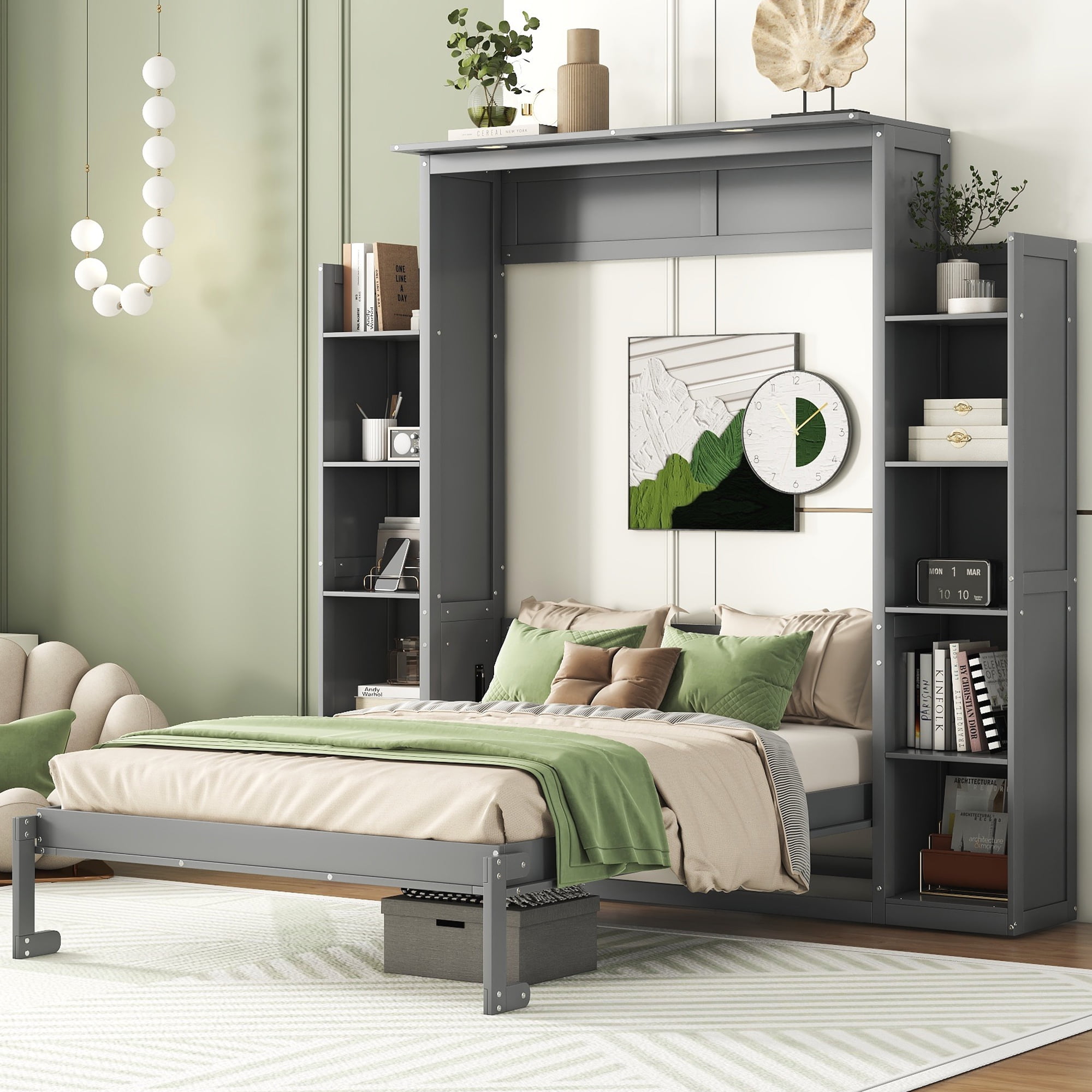 Noble House Full Size Murphy Bed Wall Bed with Shelves and LED Lights,Gray