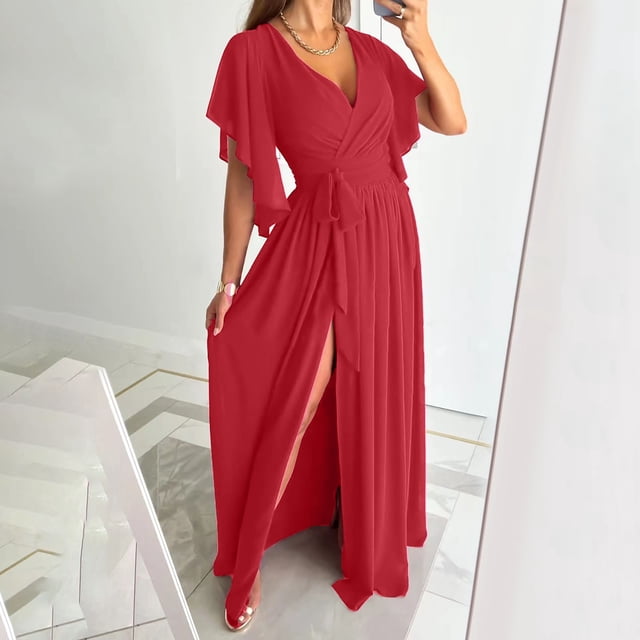 SMihono Robe Maxi Bohème d'Été pour Femmes Grande Taille Robe d'Été Aguichant Unie Taille Col en V Manches Courtes Évasées Fendue Robe de Plage