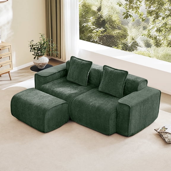Newest Modern L-Shape Velvet Sectional Sofa with Ottoman & Throw Pillows for Small Living Room & Apartment, Green
