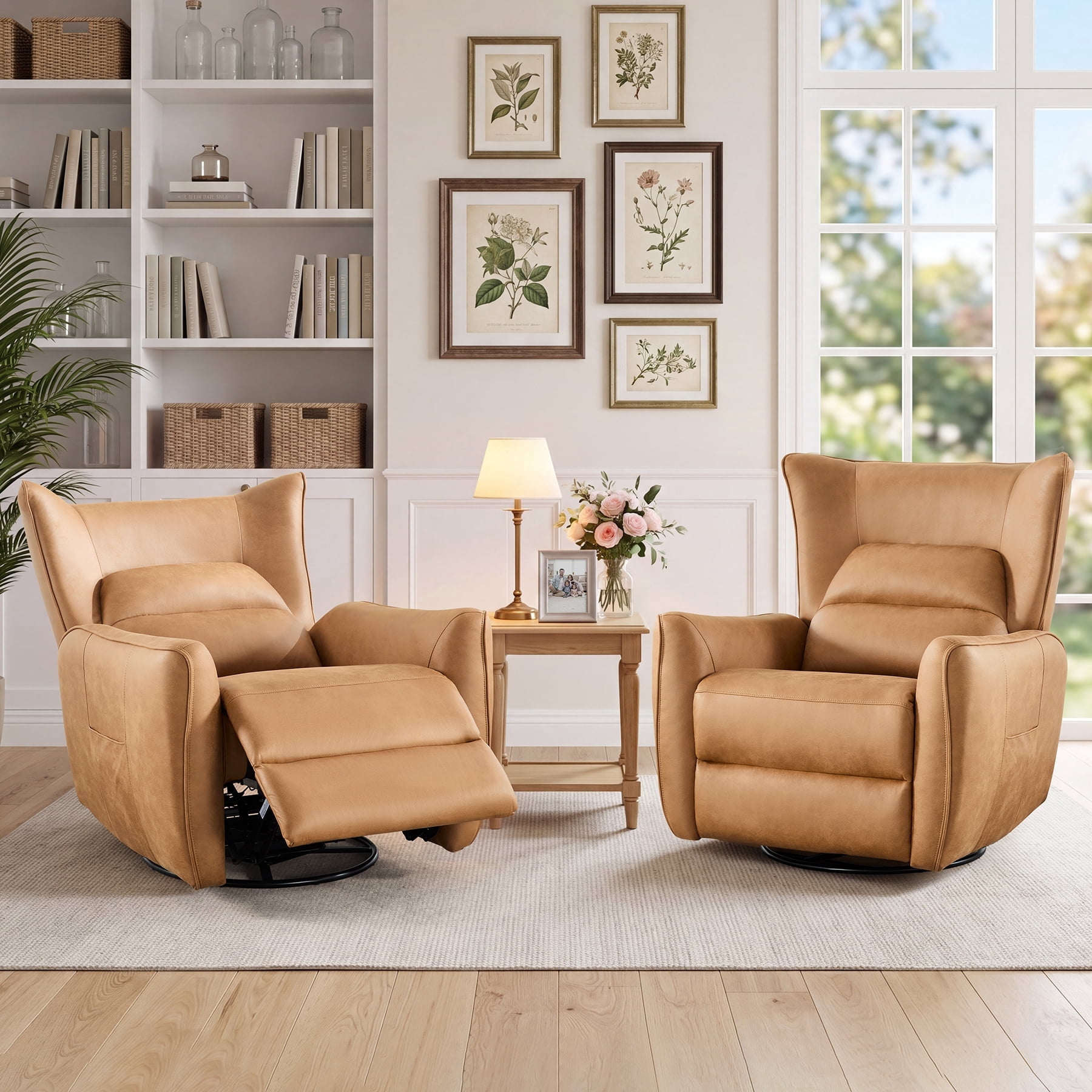 Bonzy Home Swivel Rocker Recliner Set of 2, Power Electric Recliners with Highly Enveloping Backrest Rocking Recliner Chair Leathaire Reclining Sofa for Living Room, Camel