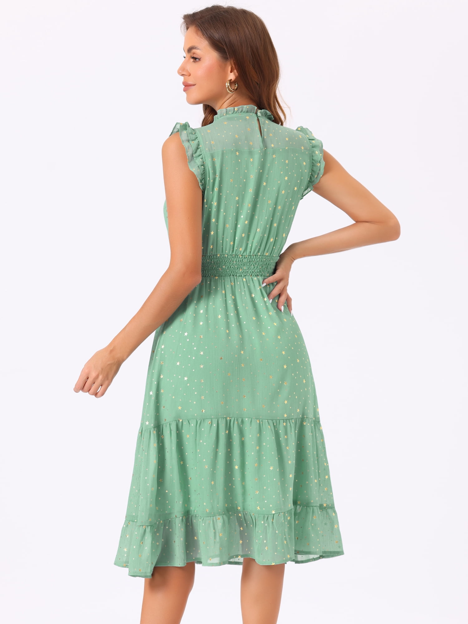 DARING DIVA Smocked Waist Gilding Metallic Stars Chiffon Dress M Green