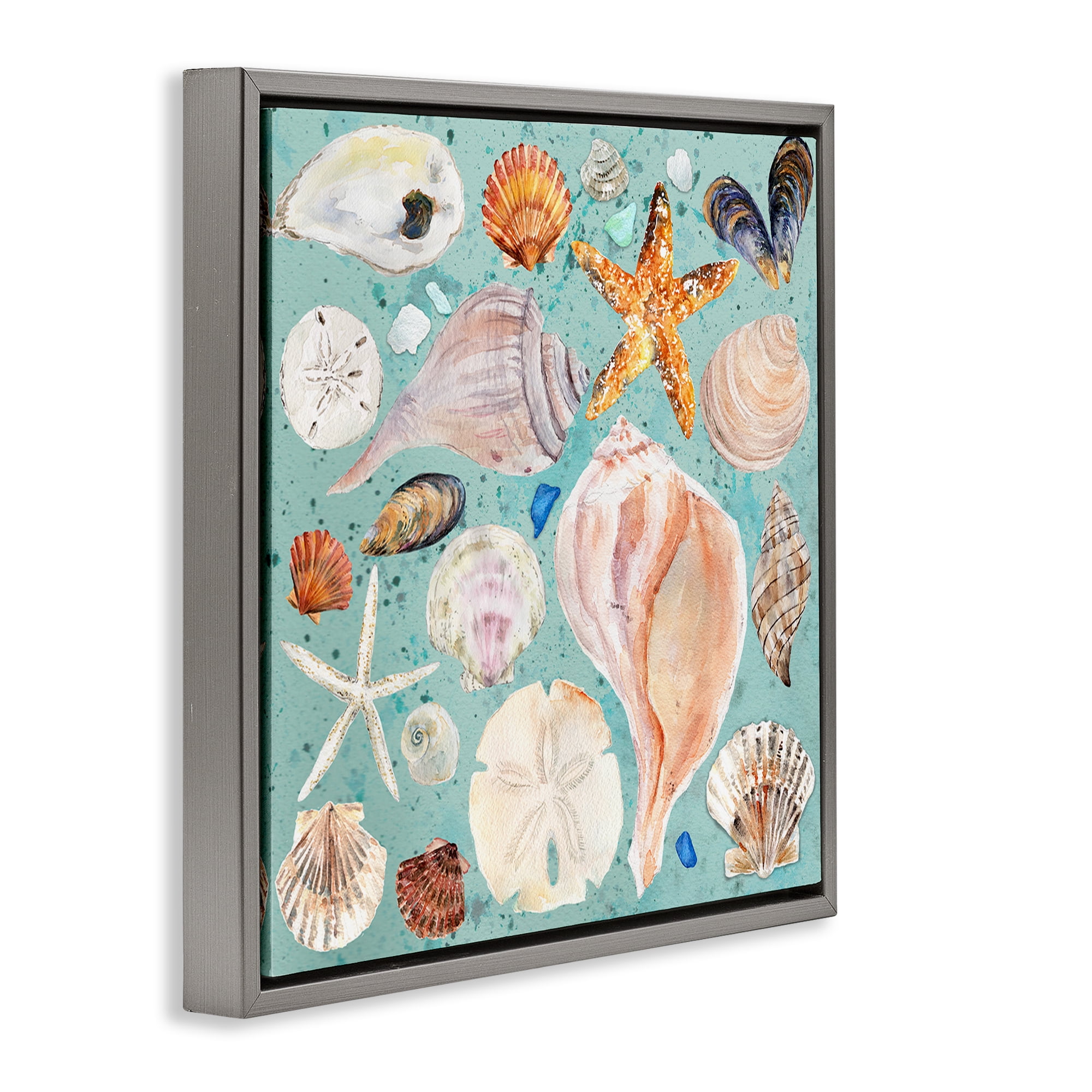 Stupell Industries Seashell Puzzle Pattern Coastal Painting Gray Floater Framed Canvas Art Print Wall Art, 25 x 25