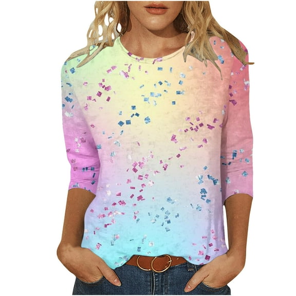 Plus Size Tops for Women 3/4 Sleeve Crew Neck Pullover Tunic Shirts Fashion Glittery Sequin Graphic Print Casual Tee(Multicolor,XL)