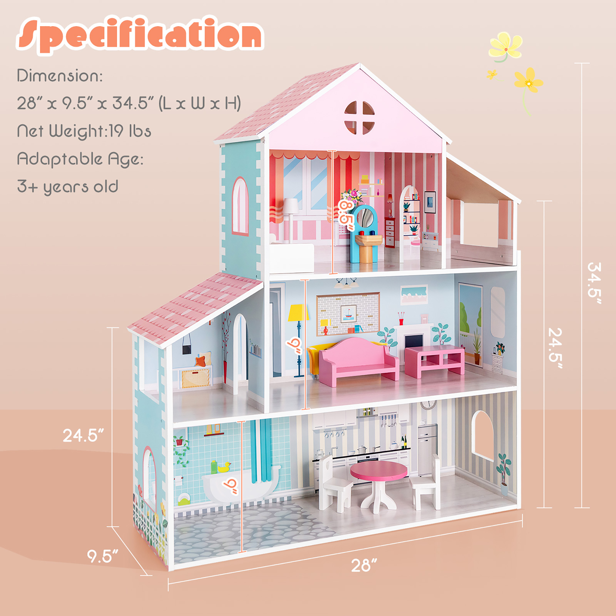 Costway Wooden Dollhouse 3-Tier with Furniture Set photo 8