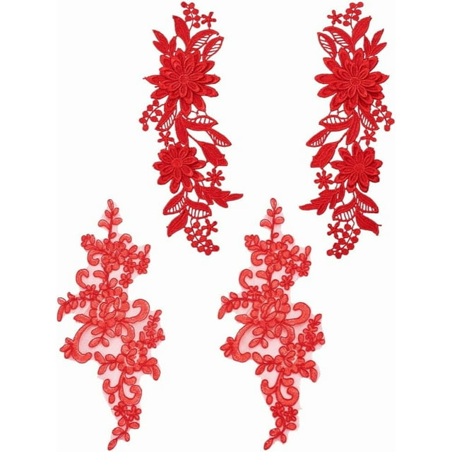 Parche de encaje bordado con flores de 2 estilos, parche floral de poliéster rojo para planchar, parches de reparación, costura, manualidades, decoración, apliques