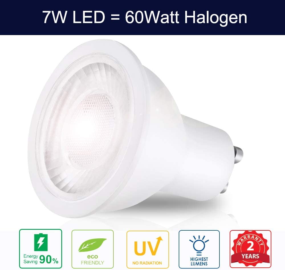 7W=60W Halogen GU10 Bulbs LED 3000K Warm White Dimmable 600LM 40 Degree Narrow Spot Recessed Track Light Bulbs 6 Pack