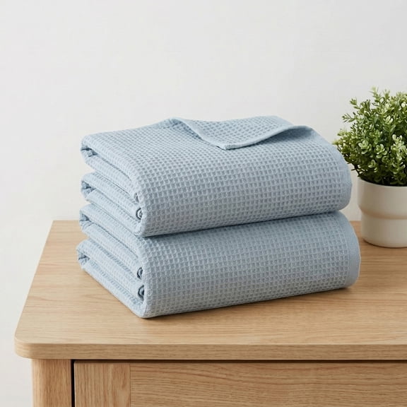 REGALWOVEN Waffle 2 Pack Cotton Bath Towel Set, Soft, Highly Absorbent, Quick Drying Towels for Bathroom Blue 28" x 56"