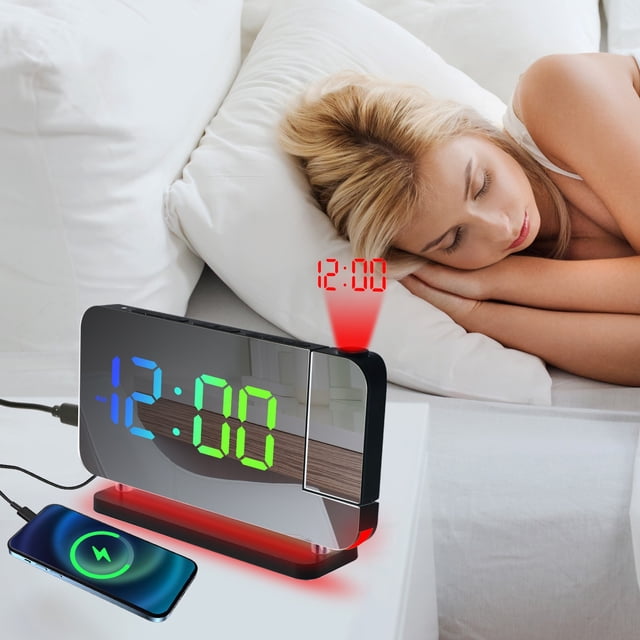 COFEST Multi-functional LED Projection Alarm Clock with Temperature & Humidity Display, USB Charging Port for Smartphones - 8-Inch Screen, 5m Projection Distance, 180° Viewing Angle Black