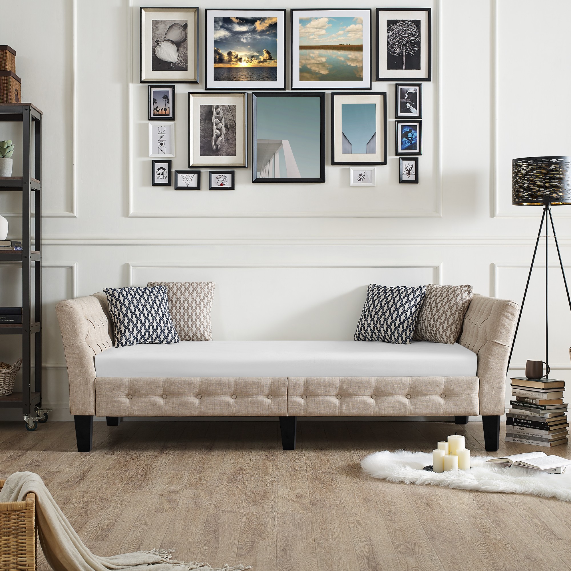 Gewnee Beige Twin Size Sofa Bed, Linen Upholstered with Solid Rubber Wood Legs for Living Room, Apartment, Guest Room