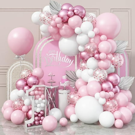 91 pieces per set. A balloon arch set in pink, white, metallic pink and confetti balloons. It is a DIY balloon set, suitable for wedding decorations, birthday party decorations
