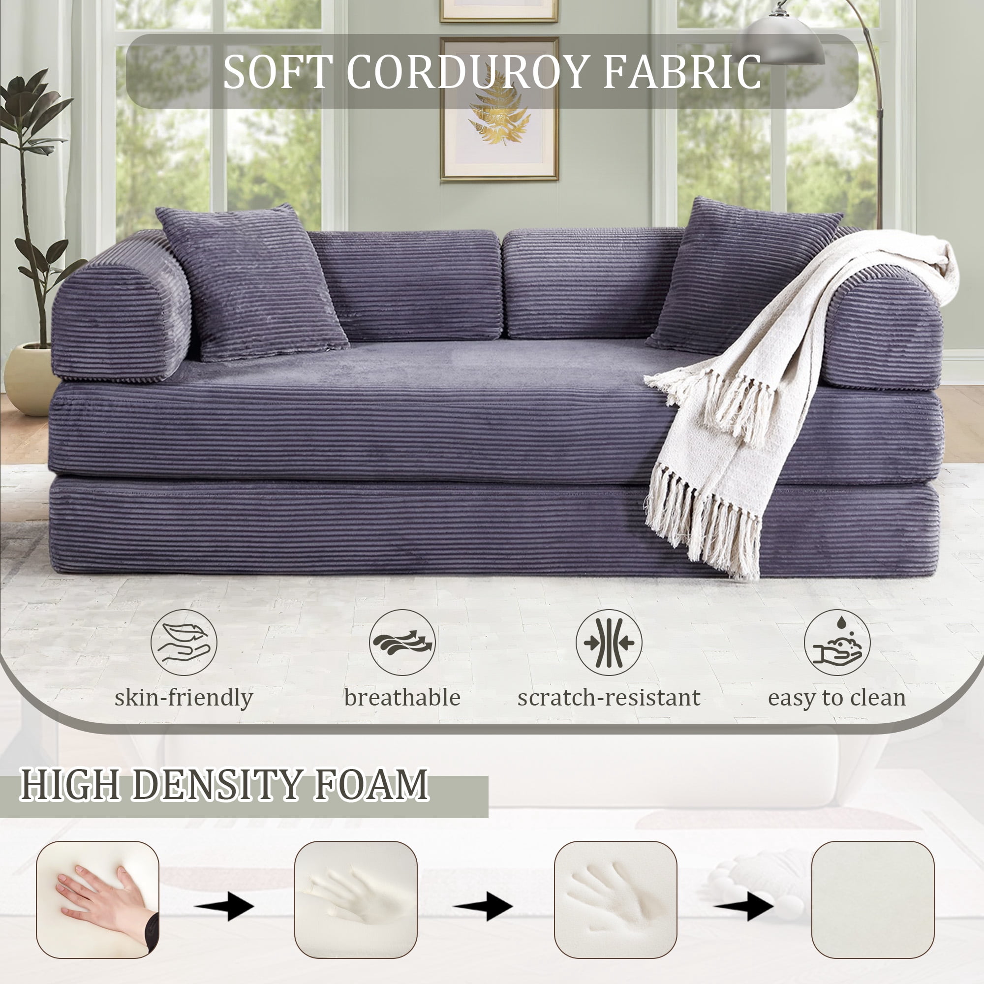 Timbernest Convertible Sleeper Sofa Bed 78" Folding Sofa Bed with 2 Pillows 3-Seat Floor Sofa for Living Room, No Assembly, Gray