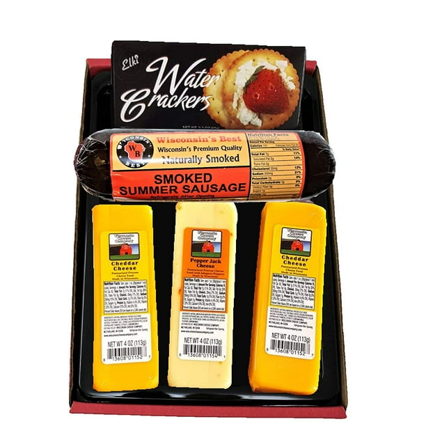 wisconsin's best cheese, sausage, and crackers gift basket with cheeses