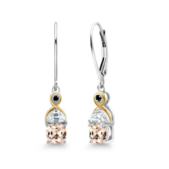 Gem Stone King 925 Silver and 10K Yellow Gold Dangle Earrings Cushion Morganite Half Moon Moissanite and Black Diamond (1.55 Carat Cttw)
