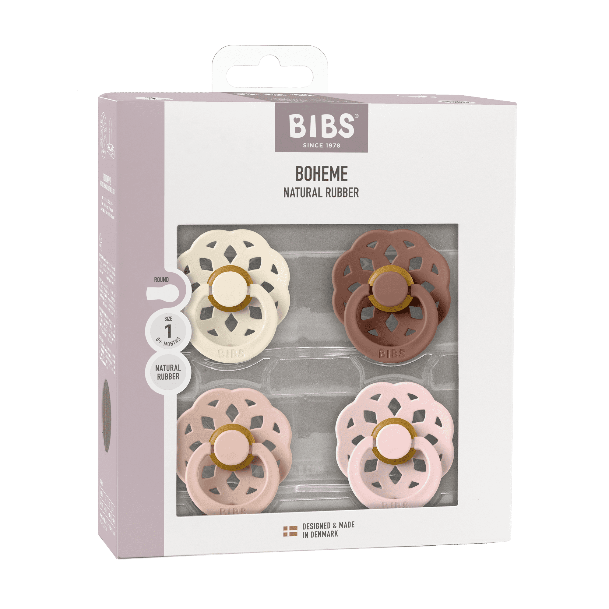 BIBS Pacifier Boheme Size 1, 0-6 Months, Ivory/Blush/Woodchuck/Blossom, 4 Pack