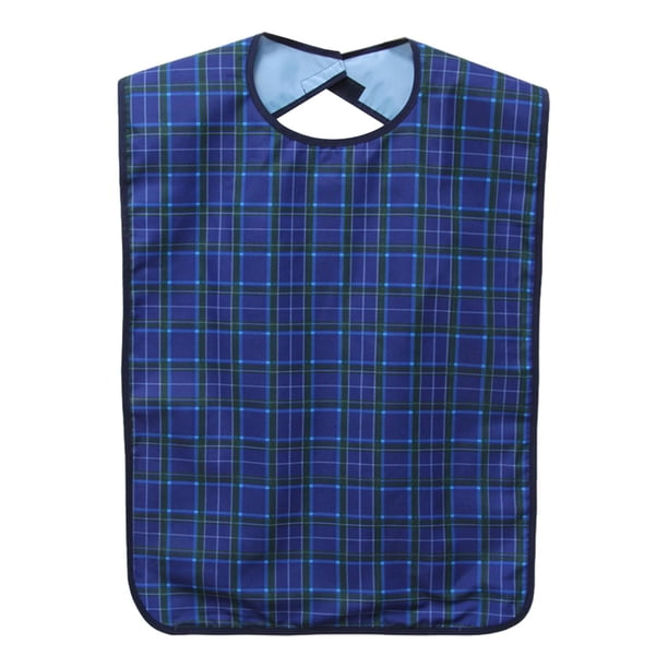 Babero para adultos mayores, ajustable, resistente al aceite, lavable, con patrón clásico a cuadros. azul