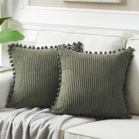 

Fancy Homi Pack of 2 Olive Green Decorative Throw Pillow Covers 16x16 Inch with Pom-poms for Couch Bed Living Room Soft Corduroy Solid Square Cushion Case 16x16 Farmhouse Boho Home Decor