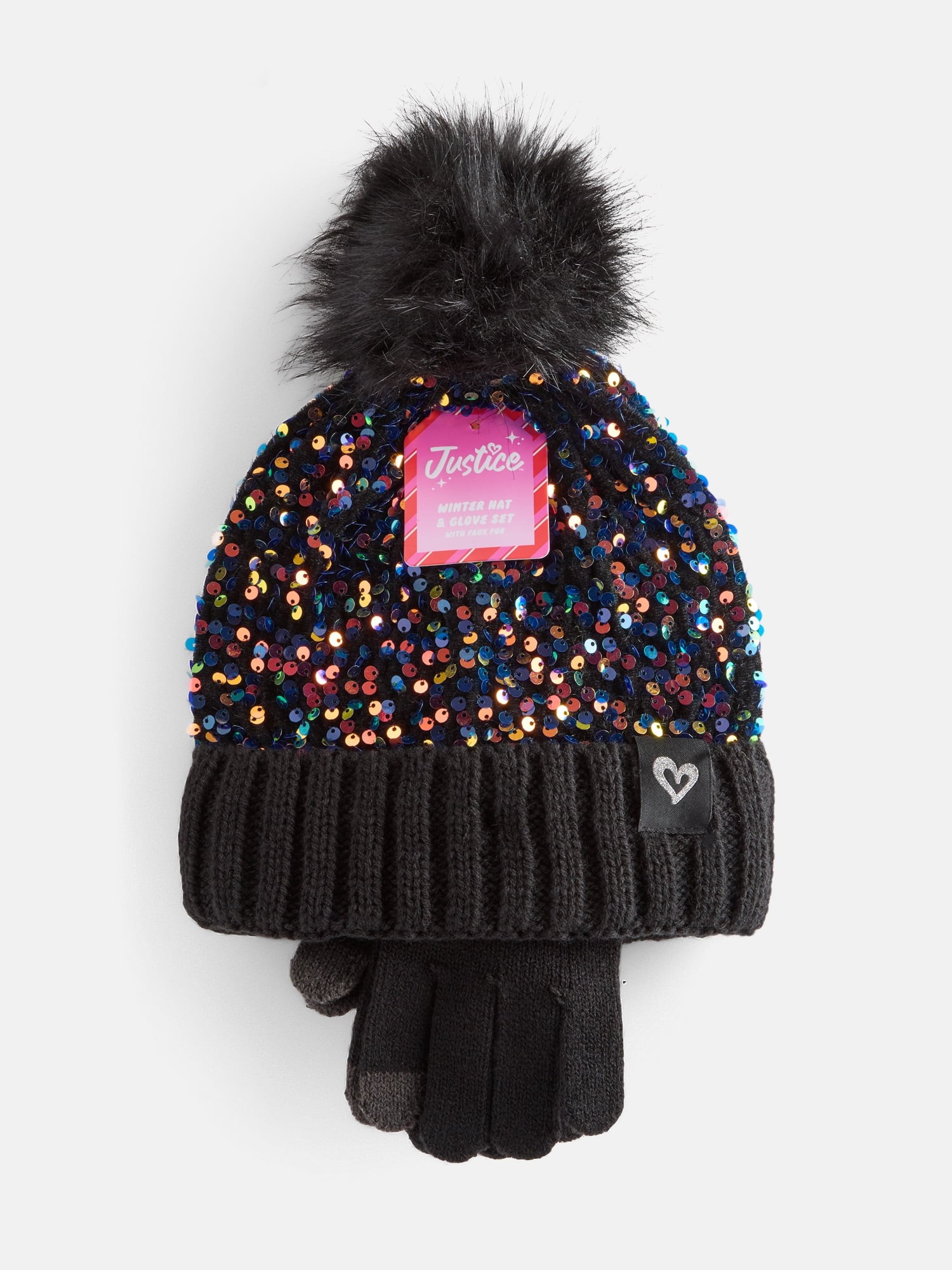 Justice Girls Velvet Sequin Hat and Glove Set, Black
