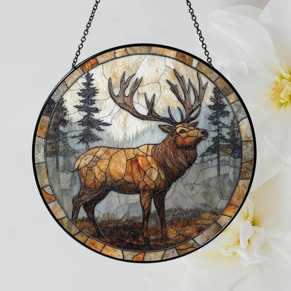 Elk Stained Glass Suncatcher, Nature Window Hanging Decor, Woodland Glass Ornament, Animal Lover Gift, Rustic Cabin Decor, Sun Catcher